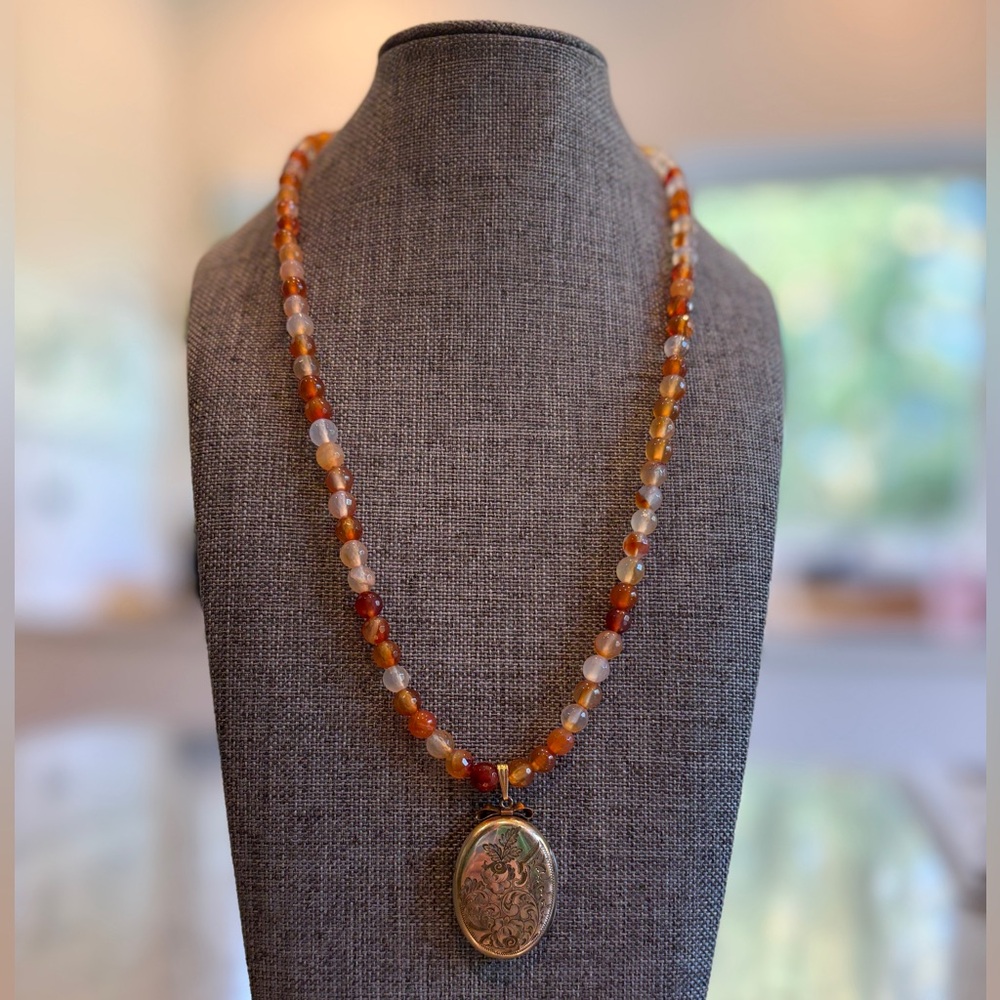 Vintage Gold-Fill Ornate Locket with Carnelian/Onyx Beads